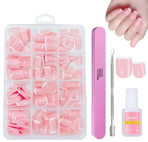 French False Nails - 240Pcs Pink Square Press On Nails Short - Fake Nails French Tip False Nail Kit - Stick on Nail with Glue - Full Cover False Nail & Accessories Set for Women Girls Nail Art