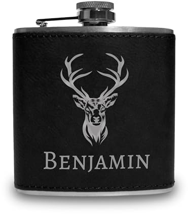 Flachmann personalisiert mit Gravur - Hirsch Design mit deinem Namen - Edelstahl mit Kunstleder - Geschenk für Männer - Outdoor & Camping - Schwarzes Kunstleder