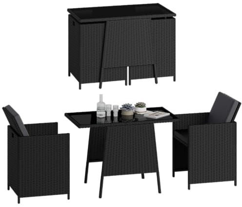 STEELSØN 3-TLG Garten-Essgruppe Xenara, Esstisch mit 2 Stühlen, Gartenmöbel Sitzgruppe Polyrattan mit Kissen, Gartenlounge, Balkomöbel Set, schwarz