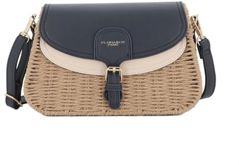 flora & co Sac Bandoulière Femme en Paille – Sac d’Été à Rabat Similicuir – Besace Chic pour Plage Vacances Estivals – Style Bohème Élégant - Bleu