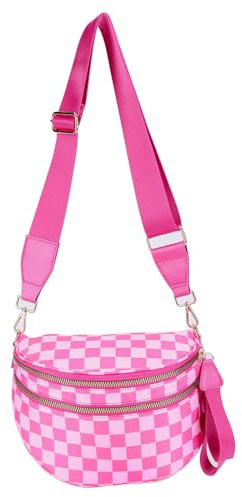Ocuuer Karierte Crossbody-Tasche for Frauen karierte Bum-Geldbeutel Fashion Checkerboard Fanny Pack-Rose rot