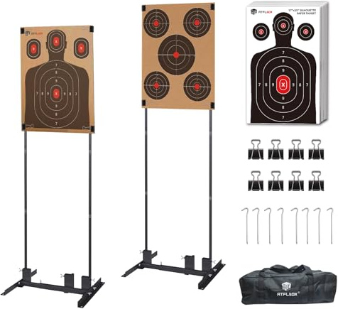 Atflbox Shooting Target Stand with 10pcs 17x25 Inch Paper Targets, Durable Paper Target Holder with Stable Adjustable Base for Cardboard Silhouette, H Shape, USPSA/IPSC, IDPA Practice (A -2 Pack)