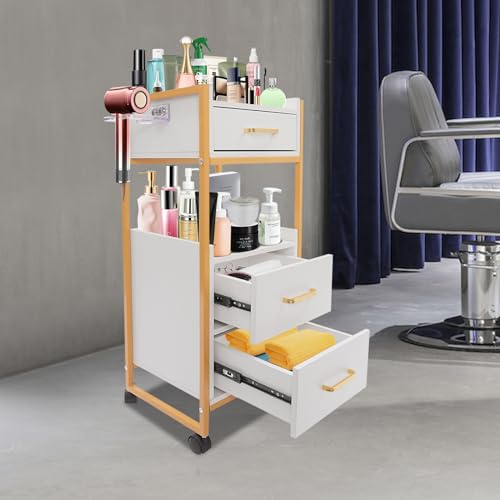 Kosmetikwagen Servierwagen mit Rollen, 3 Schubladen & Föhnhalter, Beistellwagen Salon Trolley Friseurwagen mit Schrank, Moderner Arbeitswagen für Bad Wohnzimmer (Weiß)