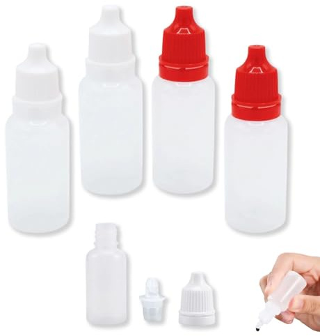 Weilin 4 Pcs Dropper Bottle, 15ml Mini Plastic Dropper Bottles, Empty Squeezable Portable Travel Liquid Bottle Mini Small Refillable Containers with Cap and Plug, White/Red