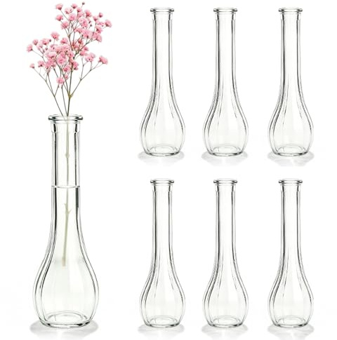 Kleine Glasvasen, 6 Stück Blumenvase, Kleine Vasen Für Tischdeko, Vasen Set, Glas-Budenvasen-Set Mit Gerippte Für Tischdeko, Hochzeit, Party, Esstisch, Tischvase, Tafelaufsatz, Deko