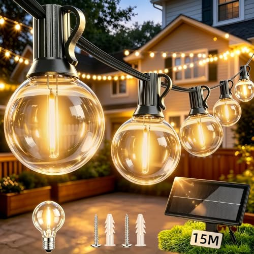LaPitio Solar Lichterkette Outdoor LED 15M, Wasserdicht Bruchsichere | Lichterkette Außen Kunststoffbirne, Solar & USB Aufladung, 3 Lichtmodi für großer Garten, Hof, Terrasse, Außenfeier