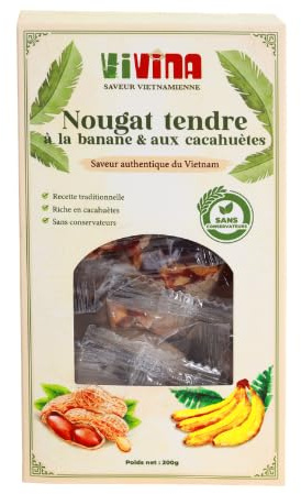 Nougat Tendre Vietnamien à la Banane et aux Cacahuètes 200 g – Confiserie Artisanale du Vietnam – Avec Sésame – Sans Colorant – Snack Gourmand Exotique (Sans gingembre)