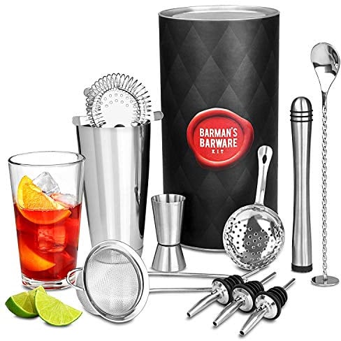 bar@drinkstuff 2 barman's barware kit Premium with Boston tin & Glass, Jigger Measure, Muddler, Twisted Mixing Spoon, Pourers, Hawthorne Strainer, Julep Conical Sieve
