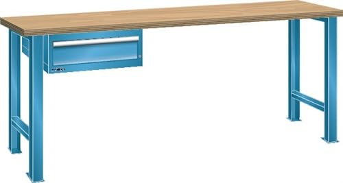 LISTA Werkbank, 2 Füße, 1 Schublade höhe 150 mm, Multiplexplatte 40 mm stark, BxTxH 1500x750x840 mm, RAL 5 012 lichtblau