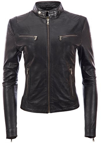 Veste de motard ultra-élégante en cuir véritable super doux pour femmes par MDK ,Noir ,Large/L/Buste=34 Pounces