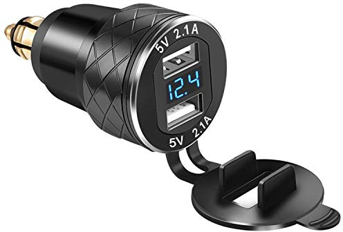 iMESTOU Aluminium DIN Hella USB Stecker auf Dual USB Ladegerät Adapter mit LED Voltmeter Wasserdicht für 12V/24V BMW Ducati Motorräder
