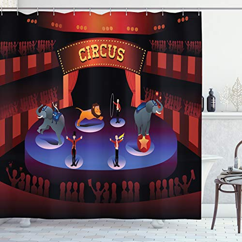 ABAKUHAUS Zirkus Duschvorhang, Muster der Show Time Bühne, Stoffliches Gewebe Badezimmerdekorationsset mit Haken, 175 x 200 cm, Mehrfarbig