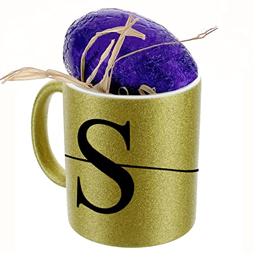 Personalised Mug and Belgian Milk Hot Chocolate Stirrer Marshmallow Gift Set, Customised with Name / Initial, Ceramic 11oz Gold, Silver, Blue, Pink Glitter Mug with Heart Initial and Name Design