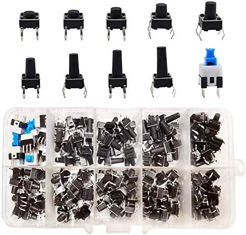 HUAZIZ 200Pcs Interruptor de Botón Táctil Micro Kit de Surtido de Tacto Momentáneo, Interruptor de Boton Momentaneo Tactil 4 pines(6 X 6, 7 X 7mm)