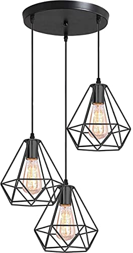 iDEGU 3-flammig Pendelleuchte Vintage Hängelampe aus Metall Industrielle Hängeleuchte Lampenschirm in Käfigform E27 Pendellampe für Küche Wohnzimmer, 20 cm, Schwarz (30cm runder Boden)