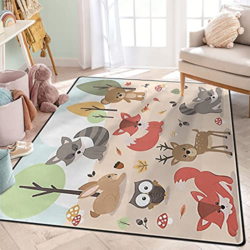 ALALAL Cartoon Waldtiere Teppich, niedlicher Wald, Hirsch, Kaninchen, Bär, Fuchs, Eule, Vogelteppiche für Kinderzimmer, Kinderzimmer, Mädchenzimmer, Spielzimmer, Wohnzimmer, 1.5 mx1.8 m, Rosa