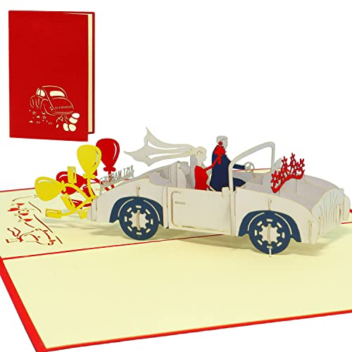 LINPOPUP®, LIN17383, POP UP Karte - 3D Grußkarte zur Hochzeit Verlobung - 3D Klapp-Karte mit Hochzeits-Auto Ballons - Hochzeits-Glückwunsch - Hochzeitseinladung, N256