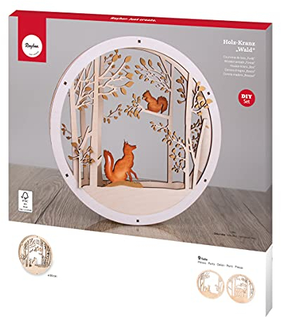 Rayher Holz Kranz Wald, FSC Mix Credit, 30cm ø, natur, Set 9-tlg, mit Stegen, Holz Deko Kranz mit Motiv, Weihnachtsdekoration, 63156505, 33