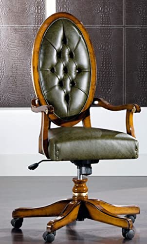 Casa Padrino Luxus Jugendstil Bürostuhl Vintage Grün/Braun 56 x 47 x H. 110-120 cm - Höhenverstellbarer Schreibtischstuhl mit Echtleder - Barock & Jugendstil Büro Möbel