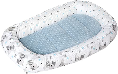 Medi Partners Babynest Nestchen für Neugeborene - 100x60x15 Babynestchen Baby zweiseitg Nest Bett 100% Baumwolle Minky Kuschelnest tragbar (Teddybär mit hellblauen Minky)