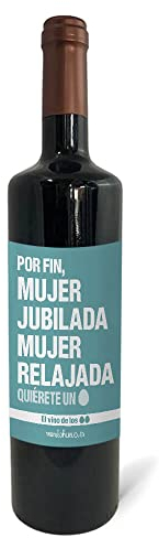 Regalo original. Botella de vino tinto Mujer jubilada, mujer relajada. 75cl.