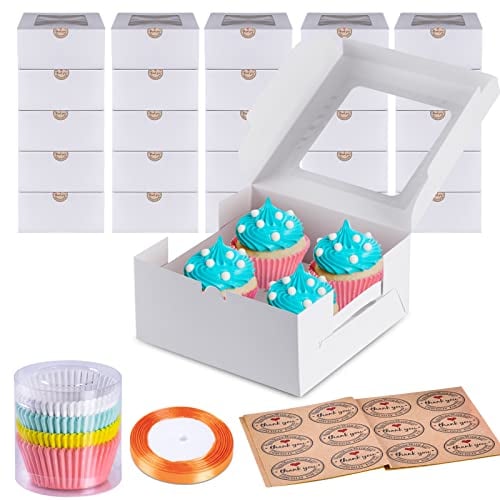 Shine Decor Cupcake Boxes 4 Hole (Pack of 25) with 100 Multicolor Cupcake Cases and 24 Thank You Stickers and Ribbon, Recyclable Satin Finish 4 Cupcake Box with Window for Muffin Pastries Brownies