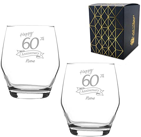 Personalised Engraved 60th Anniversary Glass Set of Two, Ella Whiskey 12.5oz Glass, Engraved in The UK, Personalise with Any Name, Thoughtful Customised Gift