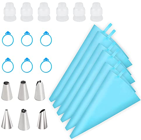 Piping Bag and Tips Set, Cake Decorating Tools Kit for Baking Cake Making, 6 Reusable Pastry Bags in 3 Sizes(12”+14”+16”), 6 Different Piping Tips, 6 Bags Couplers, 6 Icing Bags Ties