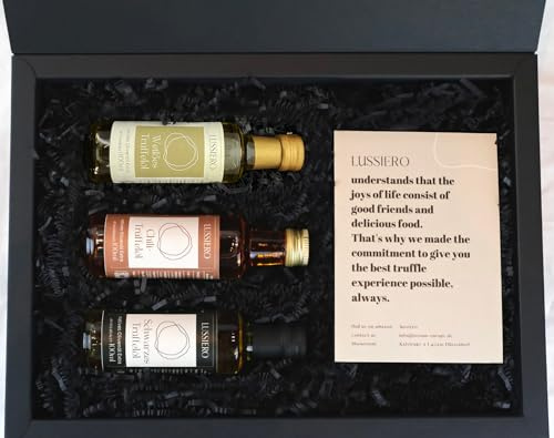 Lussiero Geschenkbox - Feinschmecker - Geschenkset aus weißem (100ml), schwarzem (100ml) und Chili-Trüffel-Öl (100ml) Feinkost Präsentbox