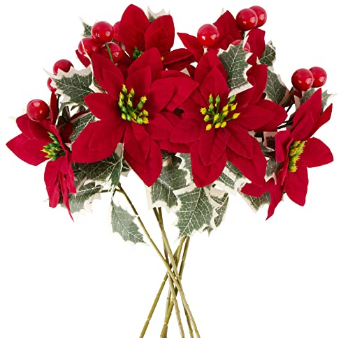 VINFUTUR 6pcs Ramo de Flores Artificales Rojo Navidad con Bayas Artificiales y Hojas Flores Navideñas 34cm para Decoración Árbol Navidad Corona Regalos