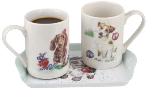 Spode Wrendale Designs Santa's Helpers 3-Piece Mug & Tray Set, 10 Oz Porcelain Coffee Mugs & 8-Inch Melamine Tray - Dishwasher Safe, Playful Dog-Themed Holiday Gift Set for Festive Occasions