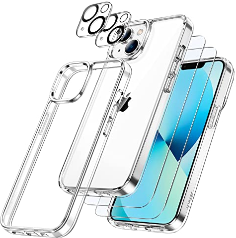 JETech 5 in 1 Hülle für iPhone 13 Mini 5,4 Zoll mit 2 Stück Schutzfolie und Kameraschutz, Nie Vergilbung Full Screen Panzer Schutz Glas Displayschutz Kamera Stoßfest Handyhülle (Durchsichtig)