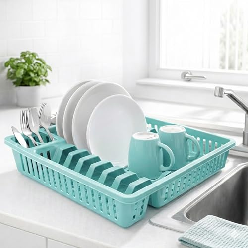METALLIC TURTLE Small Plastic Dish Drainer Rack with Cutlery Holder Kitchen Sink Draining Board for Plates, Cups, and Utensils Countertop Drying Rack (37.7 x 30 x 7 cm)