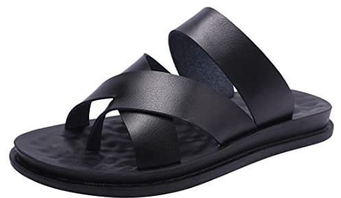 Harssidanzar KM221UK Herren-Sandalen, Hausschuhe, Kreuzriemen, Slip-On-Flip-Flops für Herren, Zehenring-Stil, Schwarz , 42.5 EU