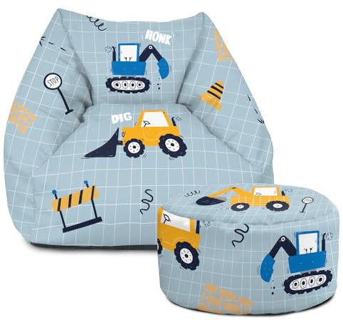 rucomfy Beanbags Snuggle Kids Bean Bag Chair - Toddler Armchair Beanbag Seat - Childrens Bedroom Furniture for Boys and Girls - Arrives with Filling - 50 x 46 x 48cm (Dig It, Matching Footstool)