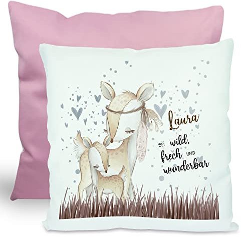 CreaDesign, Kinder Kissen 40x40 cm personalisiert mit Namen, Kinderzimmer Deko Kissen Kinder mit Füllung Federn, Motiv REH Indianer, Rückenfarbe Rosa
