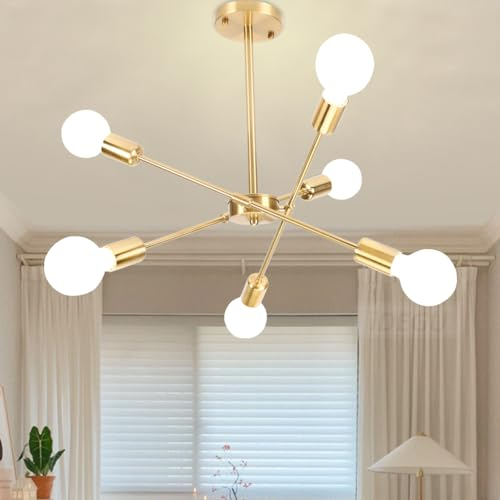 iDEGU Moderne Deckenlampe, 6-Flammig Kronleuchter aus Eisen LED Deckenleuchte mit E27 Fassung Retro Verstellbar Deckenbeleuchtung für Wohnzimmer, Schlafzimmer, Esszimmer, Küche (Gold)