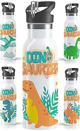 OWLBOOK® Dino Edelstahl Trinkflasche Kinder | Wasserflasche mit Strohhalm | 600 ml | Sportdeckel | Spülmaschinenfest | Schule Sport | Schulanfang Jungen Geschenke Einschulung Junge | Dino