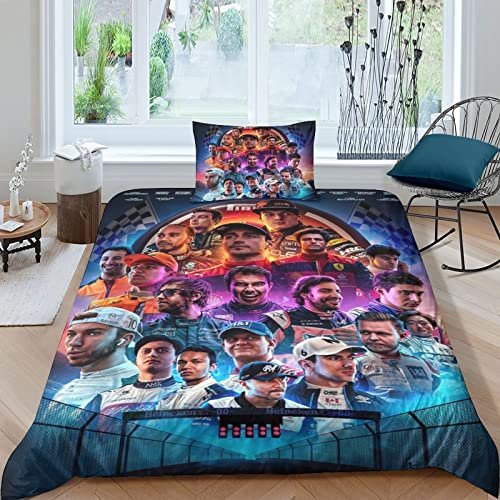 BYTUGI F1-Rennen Bettwäsche 3D Bettbezug, F1-Fahrer Set Bettwäsche Set Bettbezüge Mikrofaser Bettbezug Mit Reißverschluss Und Kissenbezug Single(135x200cm)