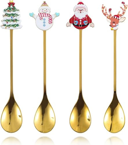 4Pcs Christmas Coffee Spoons Stainless Steel Christmas Coffee Spoon Creative Xmas Spoons for Dinner Tableware Dessert Tea Soup Stirring Spoon Practical Xmas Gift