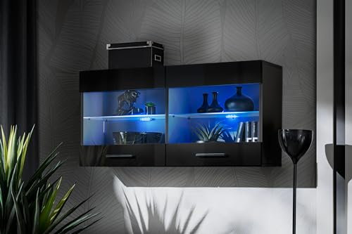 Komodee, Vitrine Schrank Savona, Schwarz/Schwarz, Breite 100cm x Höhe 50cm x Tiefe 30cm, ohne LED, 2 Glasböden, 2 Türen, für Wohnzimmer, Küche