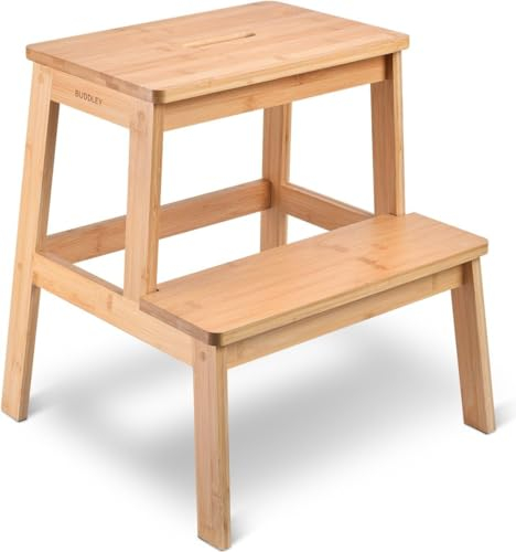 BUDDLEY Bambus Tritthocker Kinder - ideal als Küchenhocker & als Stufenhocker für Kinder - 2 praktische Stufen - 100% nachhaltige Materialien (Natural)