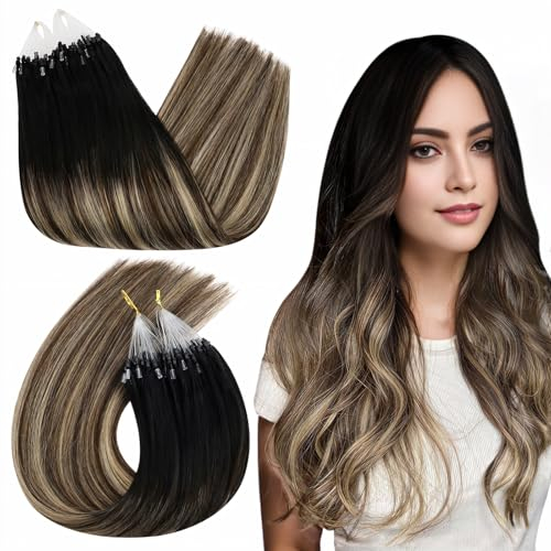 Ugeat Extensions Echthaar Microring 40 cm Balayage Schwarz Gerade Microring Extensions Echthaar Schwarz Ombre Karamellbraun Micro Haarverlängerung 50G für Mädchen 50 Strähnchen #1B/4/27