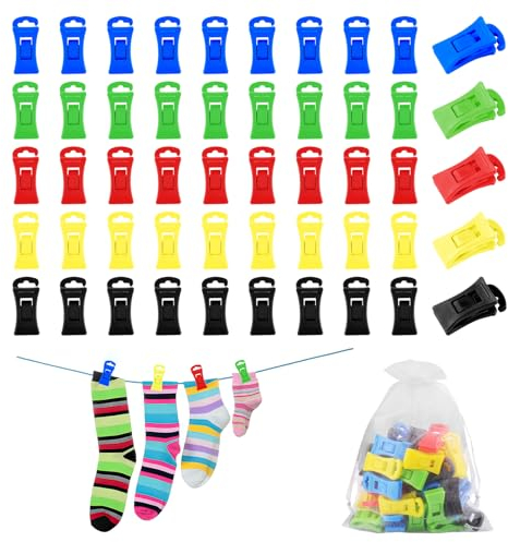 Sockenklammern für Waschmaschine und Trockner Set, 50 Stück Bunt Sockenklammern mit 1 Aufbewahrungstasche, Rutschfester Sockenclip mit Haken, Sockenhalter, Socken waschen Organizer, Sockensortierer