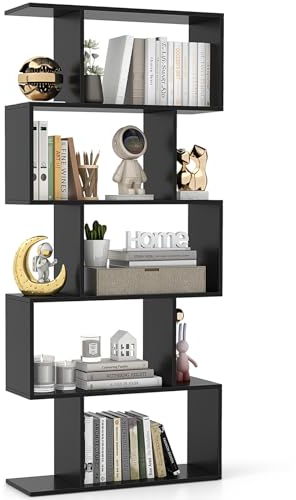 GOPLUS Bücherregal mit 5 Ebenen, Stufenregal aus Holz, Raumteiler Regal mit Kippschutz, Standregal Büroregal für Wohnzimmer, Büro, 70 x 23,5 x 158 cm (Schwarz, 5 Ebenen)