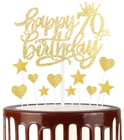 mciskin Happy 70th Birthday Cake Toppers - Gold Glitter Heart Stars for Women Girls' 70th Birthday Cake Decorations
