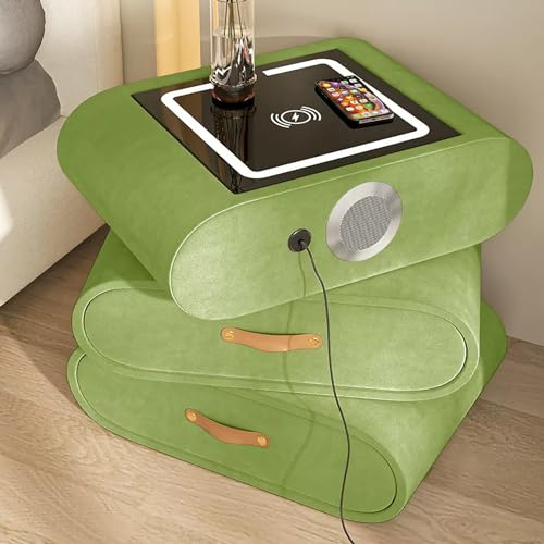 JIAOCKJIAO Rotating Smart Nightstand, Modern Bed end Table with Charging Station, Bedside Cabinet Desk with Drawers, Tall Side end Bedside Table with Storge, Leather Handle (Color : Green, Size : 52