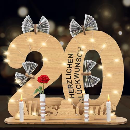 20 Geburtstag Mädchen Junge, Geldgeschenke Geburtstag 20 Alles Gute zum mit LED Lichterkette Ständer,Holz Geburtstags-Gästebuch 20.Geburtstag Deko,Coole Geschenkideen zum 20.Geburtstag Tischdeko.