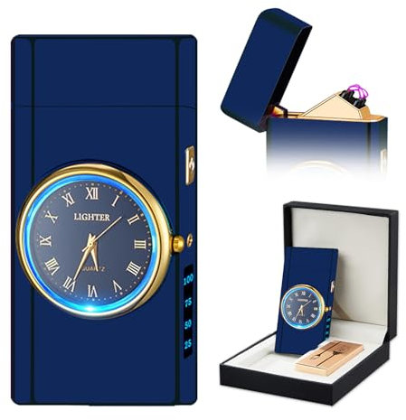 RSBYE Watch Lighter Electric Lighter Dual Arc Plasma Lighters USB Lighters Rechargeable with Battery Display, Cool Lighteres with Clock & Flashlight, Unique Gift for Men and Women (Ice Blue)