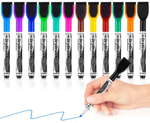 Autoau Whiteboard Marker, 12 Stück Farben Whiteboard Stifte Magnetisch, Folienstift Abwischbar Fein Stifte mit Radiergummi, Dry Erase Marker Set für Zuhause Schule Büro usw